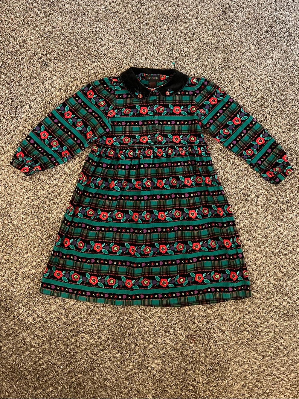 Vintage Girl’s 1990’s Gymboree corduroy green velvet collar floral dress festive